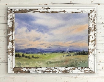 Original Watercolor Landscape Painting: Meadow Field Art (11x14 inches)