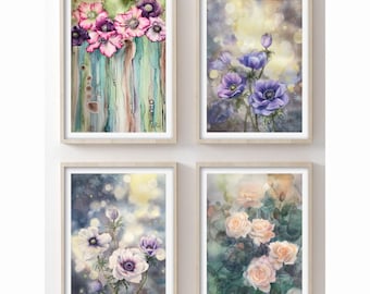 May include: Four framed watercolor paintings of flowers. The top left painting features pink and purple anemones against a blue and green background. The top right painting features purple anemones against a light yellow and gray background. The bottom left painting features white and purple anemones against a blue and gray background. The bottom right painting features pink and white roses against a green background.