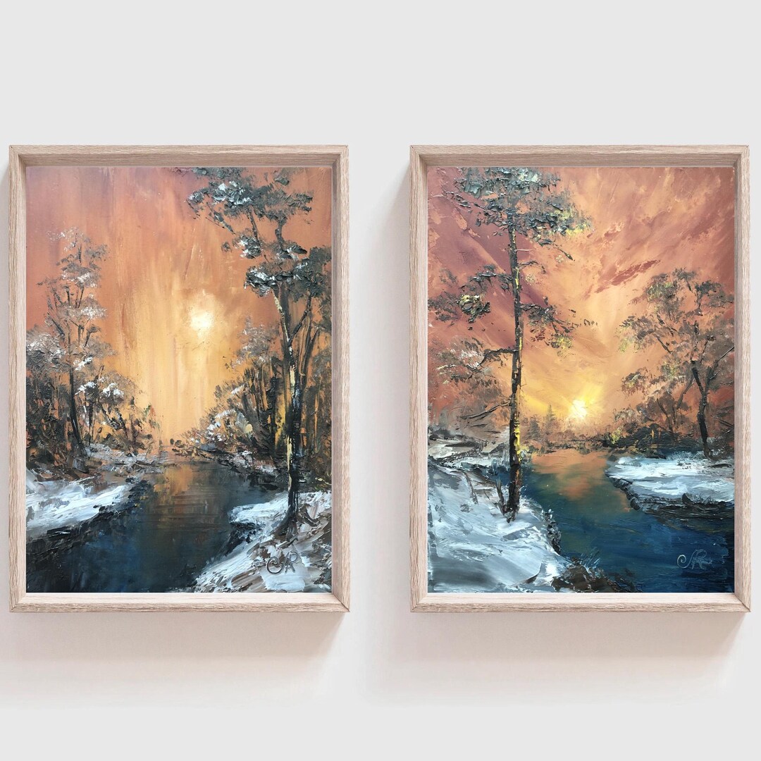 Sunset Landscape Original Set of 2 Oil Painting Small Nature Artwork ...