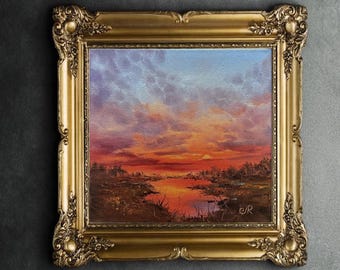 Coucher de soleil original peinture à l'huile sur toile : art du paysage 8 x 8