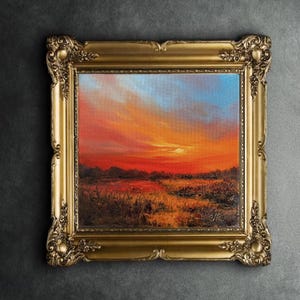 Original Sunset Landscape Oil Painting on Canvas (8x8")