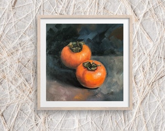 Pintura al óleo original de caqui, bodegón de cocina (8x8)