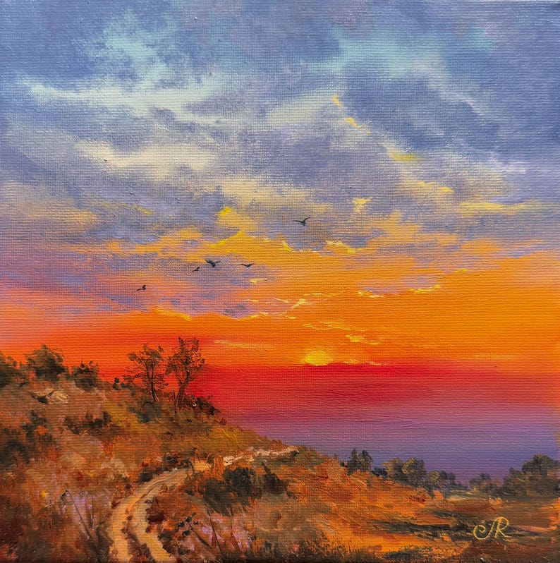 Original Sunset Oil Painting on Canvas, 8x8 Landscape Art - Etsy