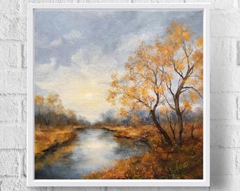 油絵風景画オリジナル、段ボールの油絵、オレンジ色の明るい土っぽい