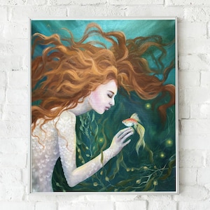 Peinture originale de sirène, peinture à l&#39;huile de femme, peinture sous-marine