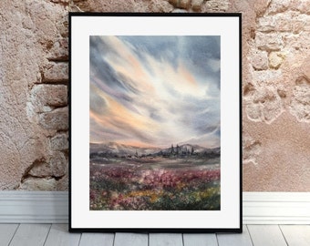 Field Painting Original Watercolor Painting Sunset Painting Landscape Wall Art Sky Painting