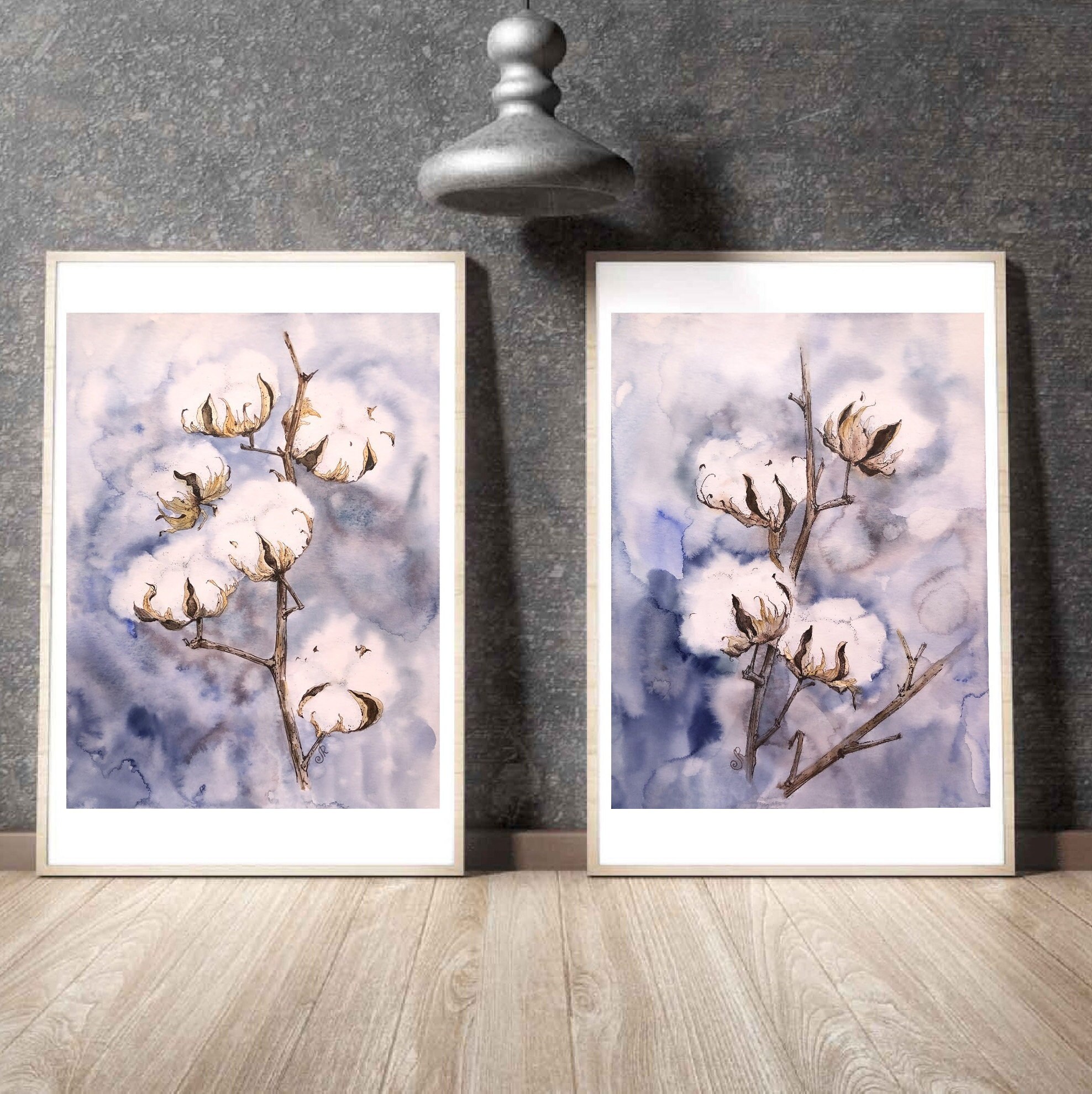 Cotton Watercolor Painting Set of 2 Flowers Original Painting Floral Art