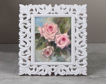 ピンクのバラの絵画 花の油絵 壁アート シャビーシックな絵画