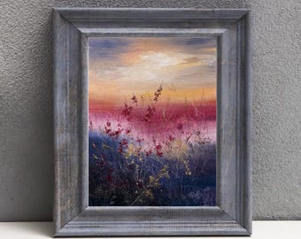 Sunset Oil Painting Meadow Wall Art Field Original Painting