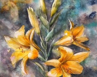 ユリの花の絵画 オリジナル水彩画 ユリの壁アート - Etsy 日本