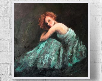 Pintura al óleo original: Mujer con vestido verde, retrato impresionista.