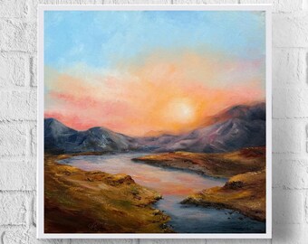 夕焼けの絵画、川と山の絵画、夕方の夕日、水と太陽、オリジナルの風景
