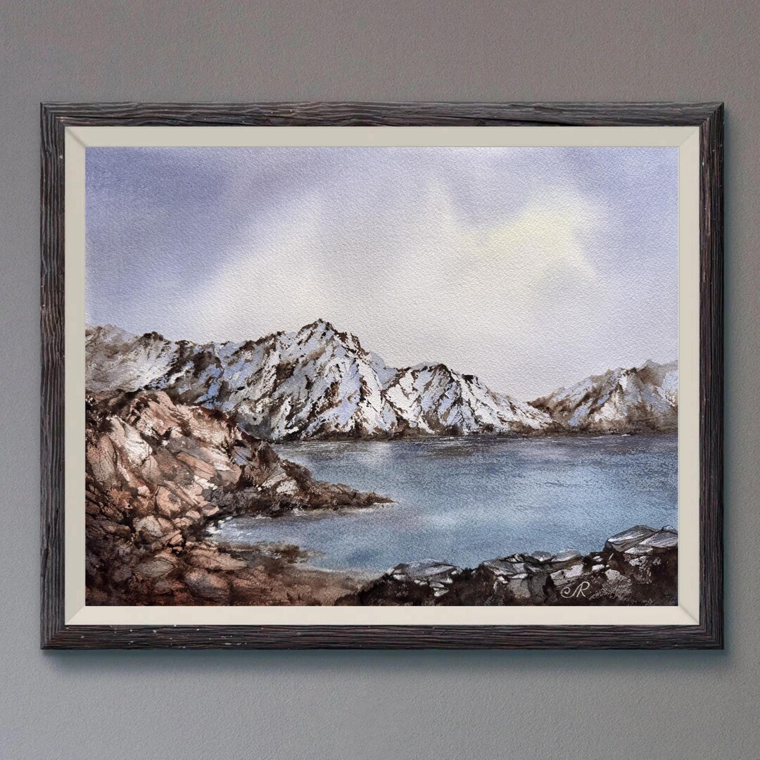 Original Snowy Mountain Watercolor Painting Alpine Lake Landscape Banff ...