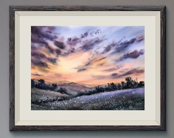Dipinto ad acquerello originale al tramonto: paesaggio con nuvole (10x14)