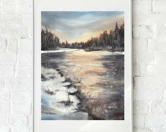 冬の風景 オリジナル水彩画 冬の水彩画 雪景色 木々 凍った川 - Etsy 日本