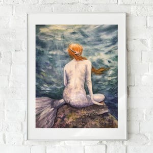 Peinture originale de sirène, aquarelle de femme, art mural
