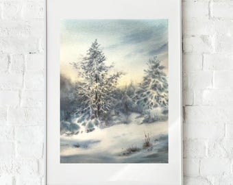Original Winter Forest Watercolor Painting, Snowy Landscape Art (14x11)