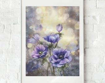オリジナルブルーアネモネ水彩画：花のボタニカルアート（A4） - Etsy 日本