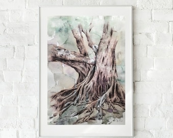 Pintura de acuarela original Obra de arte de árbol Pintura de bosque