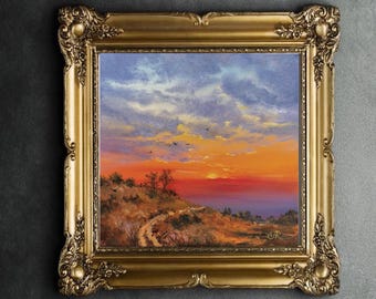 Coucher de soleil original peinture à l'huile sur toile, art du paysage 8 x 8