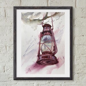 Lantern Painting Street Lamp Painting Cityscape Original Vintage Lantern Old Lamp Painting