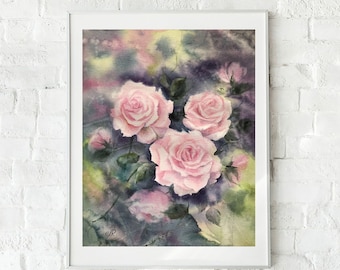 Roses Original Watercolor Painting Pink Flowers Wall Art Floral Artwork