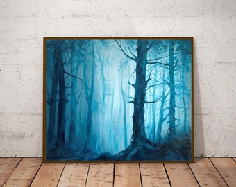 Pintura al óleo original de un bosque con niebla, paisaje brumoso para pared (20x24)