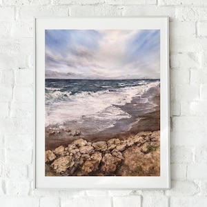 Seascape Original Painting Beach Watercolor Wall Art Clouds and Sea Painting