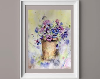 Pansies Painting Original Flowers Wall Art Floral Watercolor Pansies Art