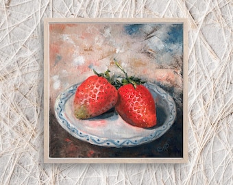 Pintura al óleo de fresas, arte mural original para cocina, bodegón