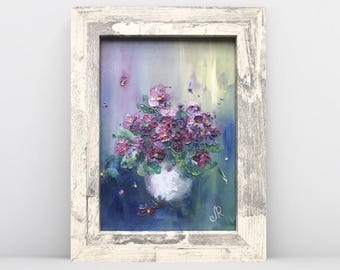 Violets Oil Painting, Small Floral Bouquet Art, Framed