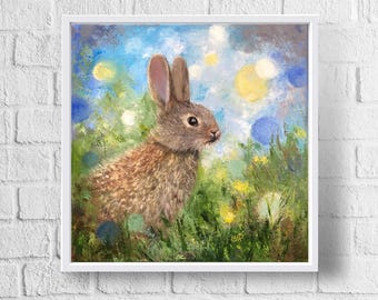 Pintura al óleo original de conejo, arte mural de liebre, 12x12"