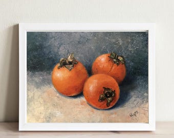 Naturaleza muerta Pintura original Frutas Pintura al óleo Caquis Arte mural