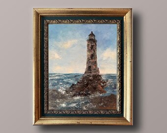 Framed Lighthouse Oil Painting, Coastal Seascape Wall Art