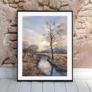 Originele landschap rivierwaterverfschilderij herfst muurkunst