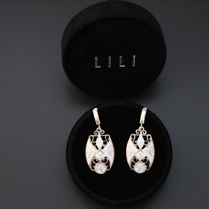 White statement earrings in Fine Silver and Cloisonne Enamel