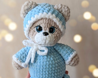 Crochet Teddy bear in pajamas and bunny slippers, stuffed animal toy, Birthday gift for kids, Baby shower gift, baby sleeping companion