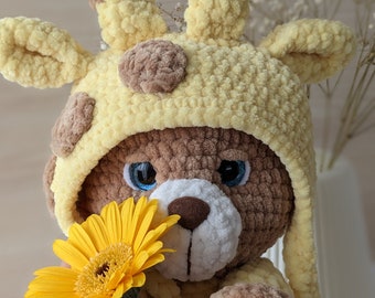 Crochet teddy bear in giraffe costume, stuffed animal toy, handmade plush bear, Birthday gift for kids