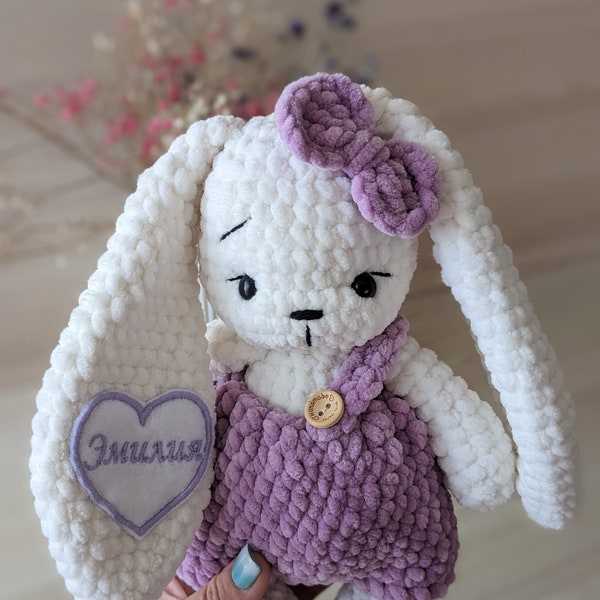 Personalized plush bunny toy, handmade stuffed rabbit, crochet custom bunny, Easter gift for girl