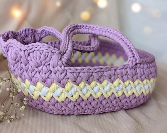 Crochet doll carry basket, handmade toy carrier, doll furniture, Birthday gift for girl