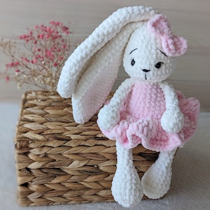 Plush bunny for girl, crochet rabbit with long ears, First Birthday or Easter gift for girl