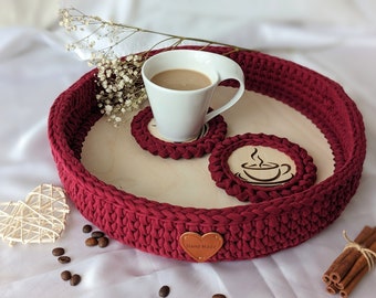 Round coffee tray and coasters, crochet coffee tray with handles, decorative serving tray, Housewarming gift, Mother's Day gift