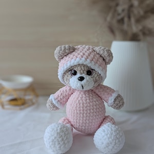 Crochet Cute Sleeping Teddy Bear Toy in Pink Jumper, Baby Booties and Rattle Toy Set 3pc