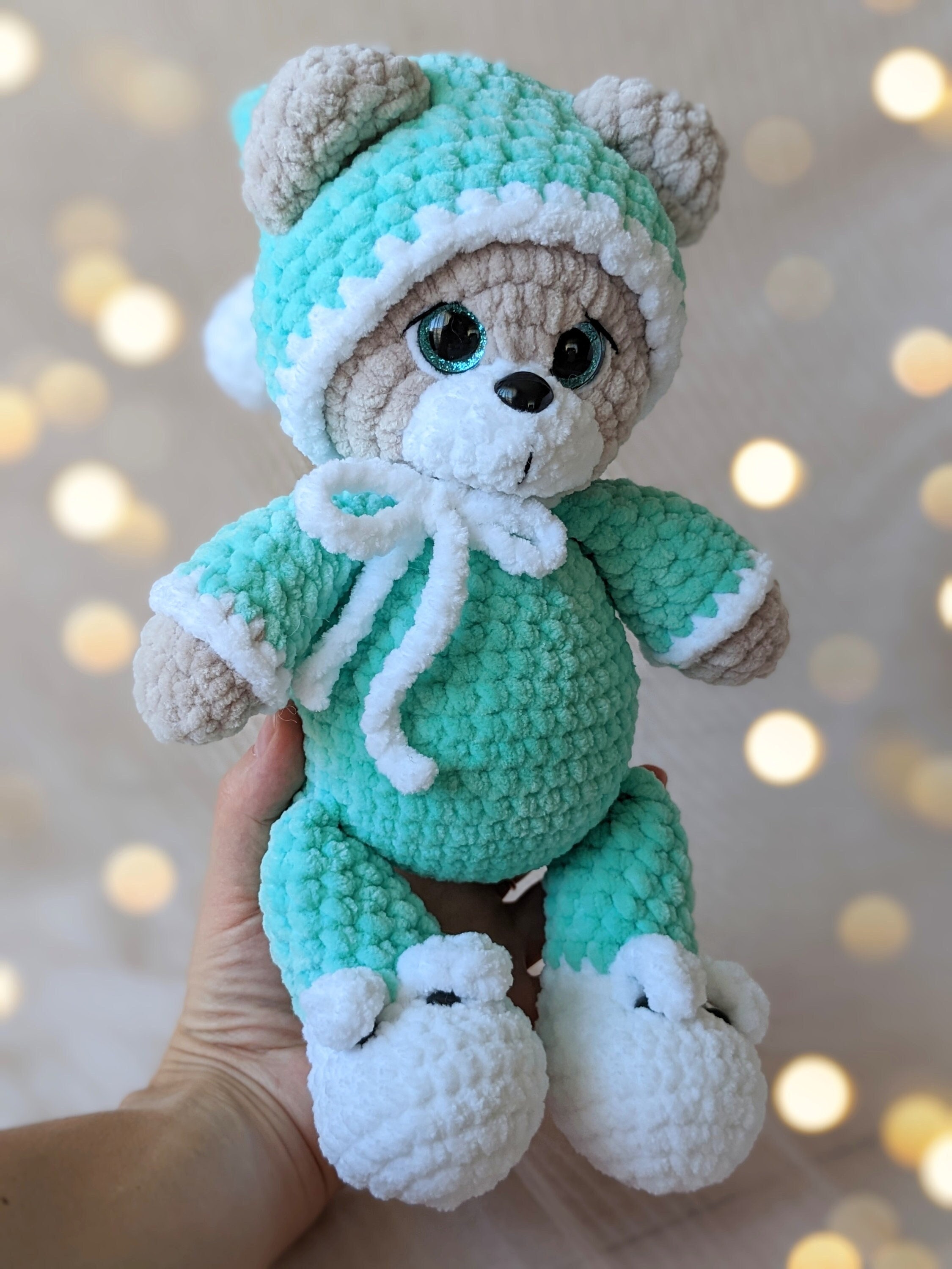 Crochet Teddy Bear in Pajamas and Bunny Slippers, Stuffed Animal Toy ...