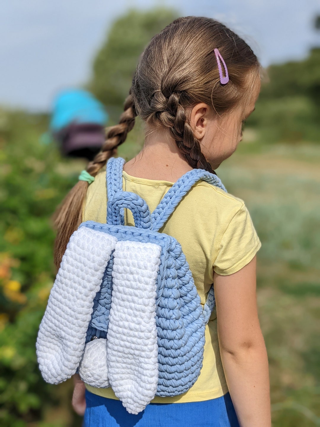 Kid's Backpack With Bunny Ears, Blue Crochet Backpack, Cute Small
