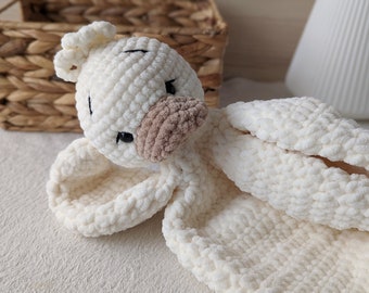 Baby lovey goose, crochet duck comforter, baby cuddle toy, plush goose lovey