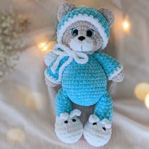 Crochet Cute Sleeping Teddy Bear Toy in Pink Jumper, Baby Booties and Rattle Toy Set 3pc main image 1