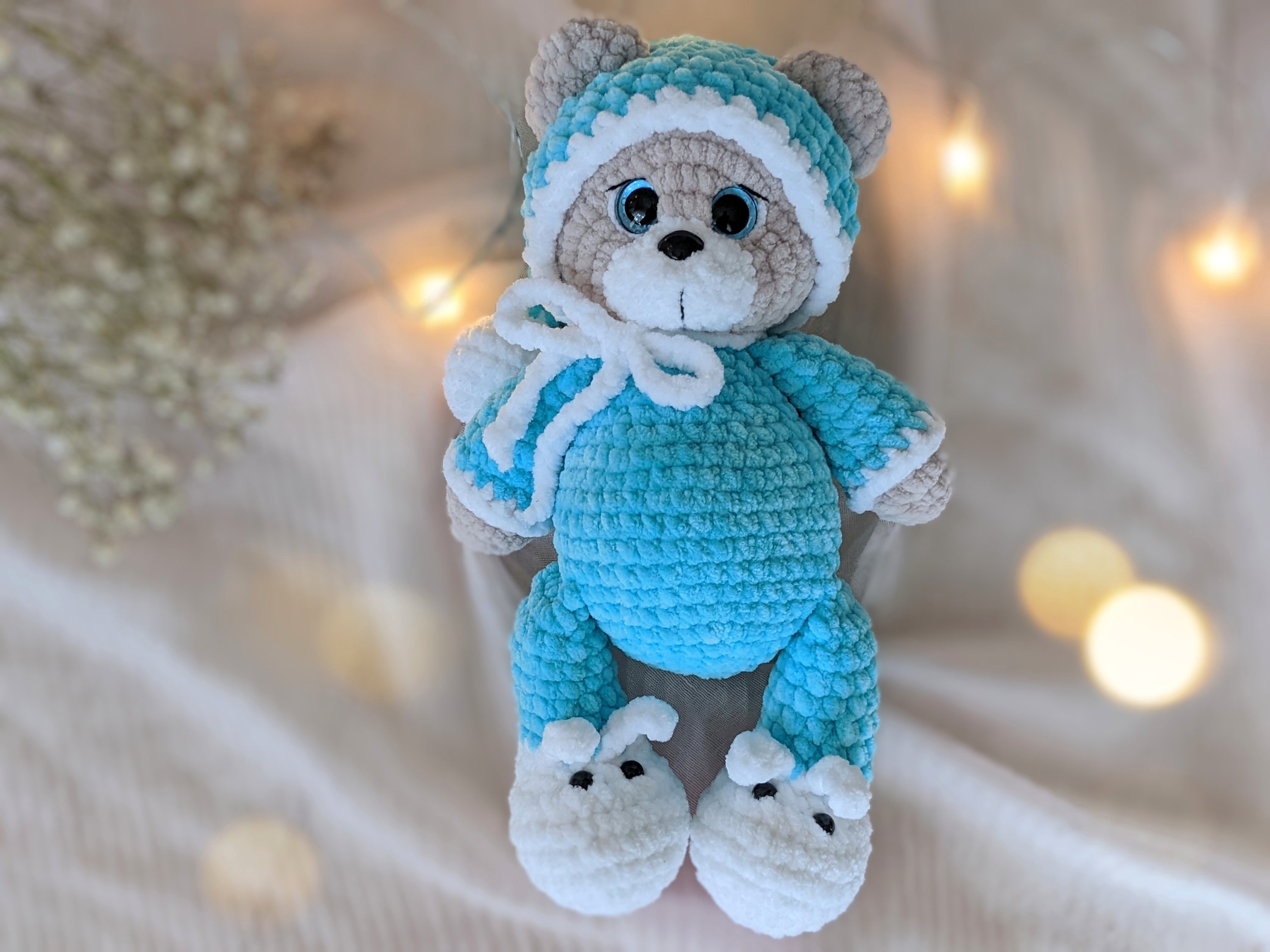 Crochet Teddy Bear in Pajamas and Bunny Slippers, Stuffed Animal Toy ...