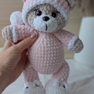 Crochet Cute Sleeping Teddy Bear Toy in Pink Jumper, Baby Booties and Rattle Toy Set 3pc main image 0