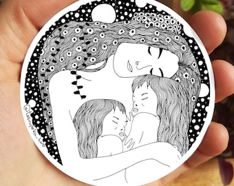 Mutter mit Töchtern Aufkleber, Gustav Klimt Mutterschaft, fürsorgliche Mutter, Muttertag, Malerei Aufkleber Frau Töchter, runder Zen Aufkleber